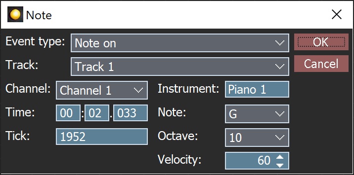 Прозорец за нотата в MIDI