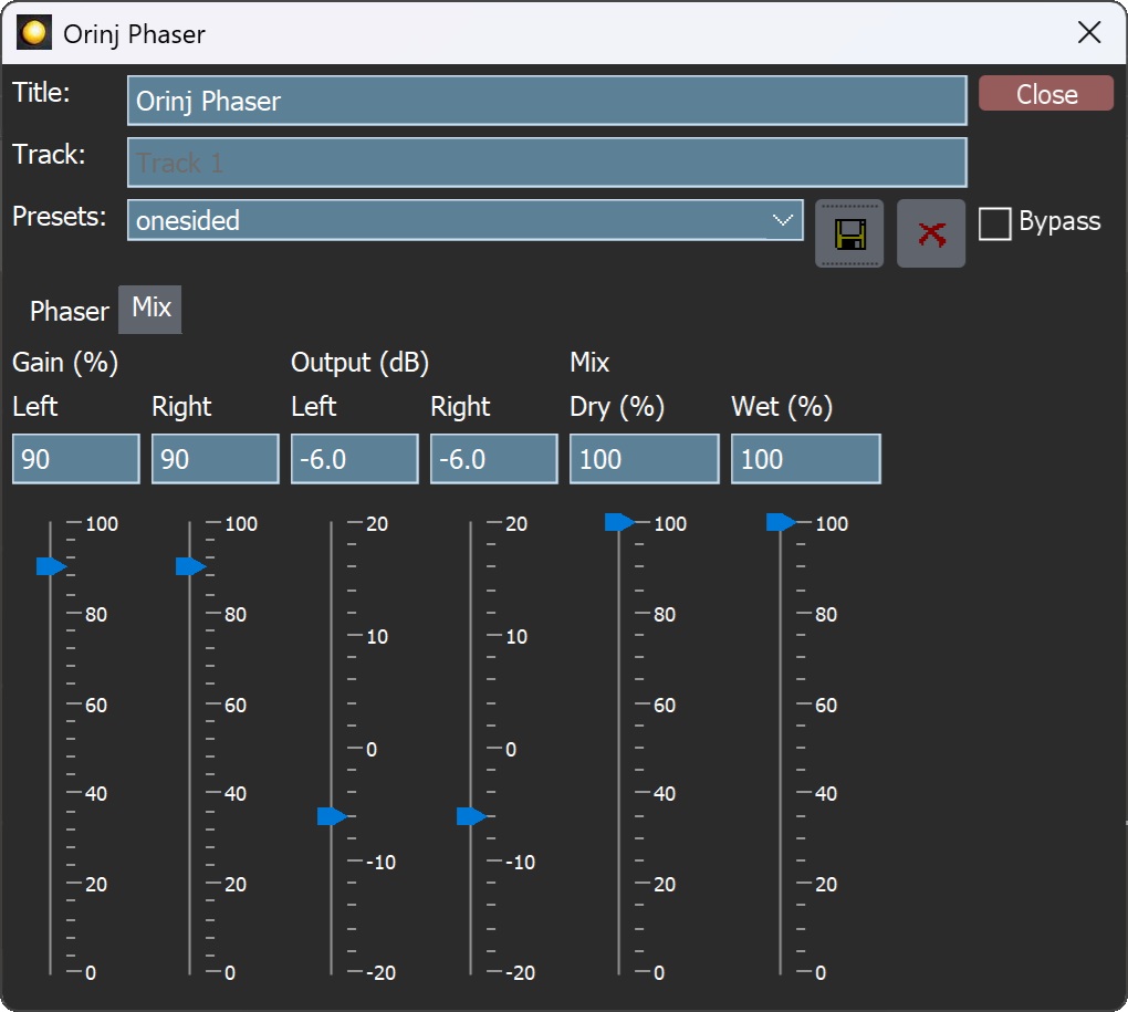 The Orinj Phaser dialog – mix tab
