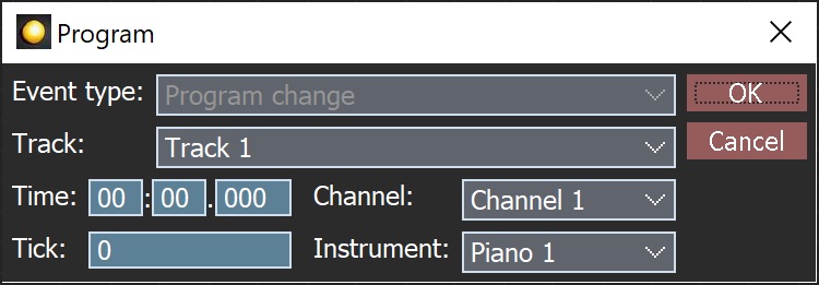 Прозорец за смяна на програмата в MIDI